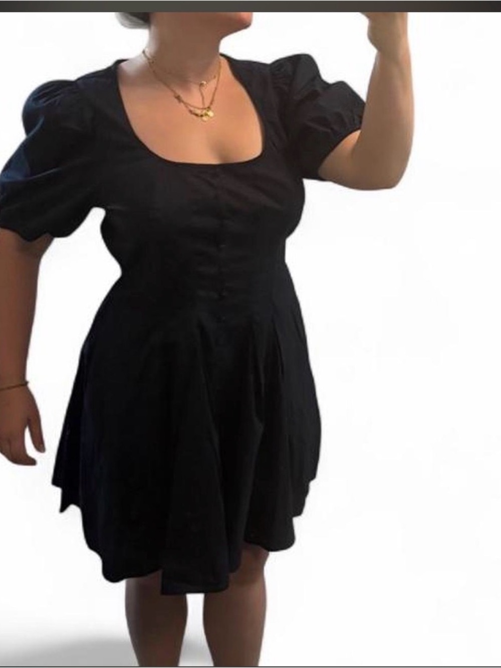 Square Neck Puff-Sleeve Mini Dress in Black